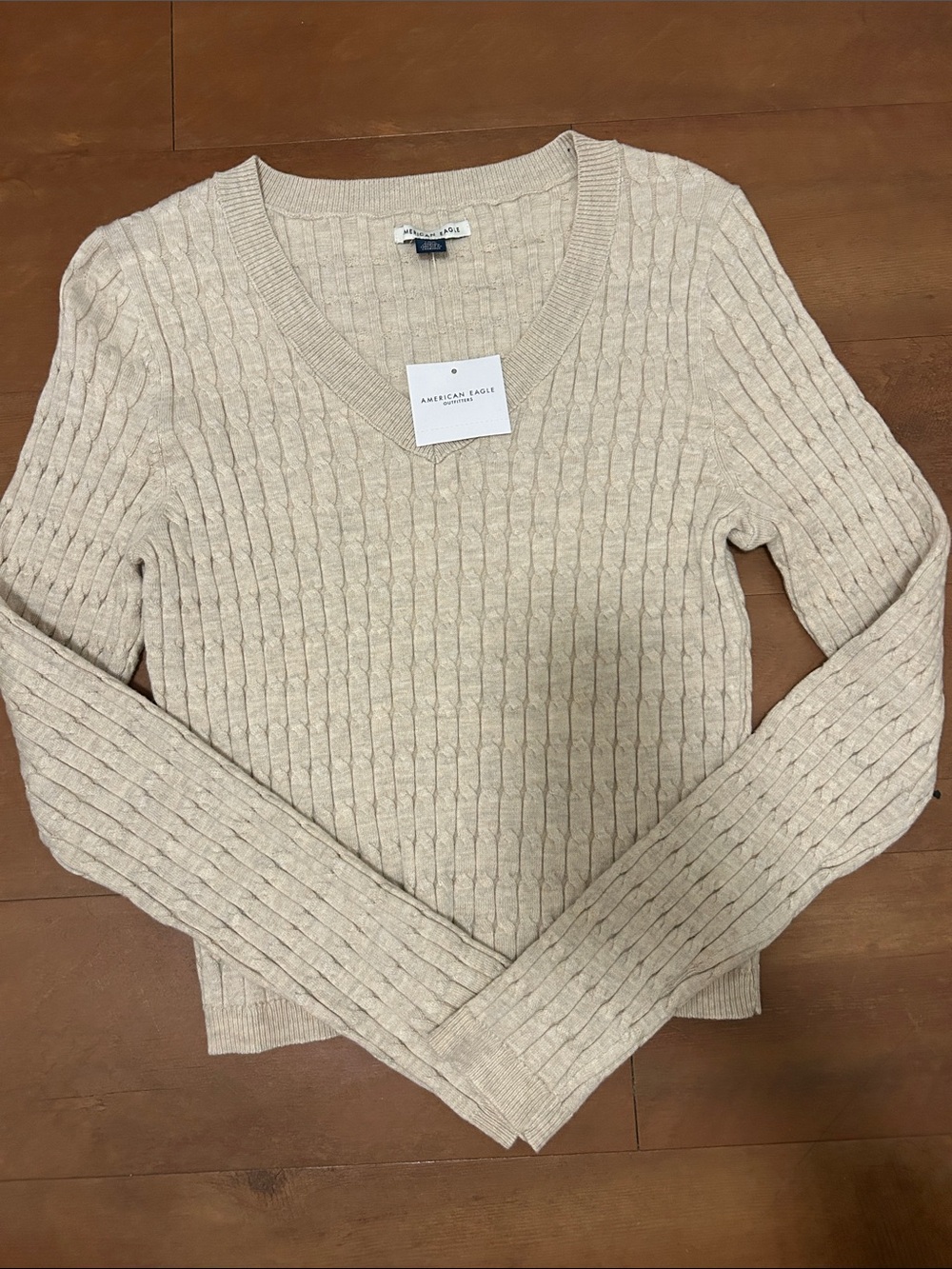American Eagle Outfitters Beige Cable Knit V-Neck Sweater